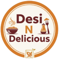 Logo of Desi N Delicious with food icons on a white background