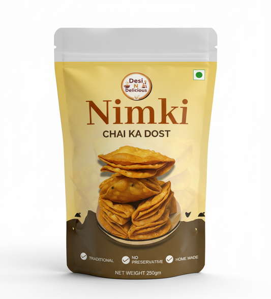Packaged snack with 'Nimki' branding on a beige background